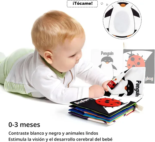 Miniatura 2 de beiens - Libros suaves para bebés, en blanco y negro, alto contraste, tela no tóxica, tacto y sensación de tela arrugada, juguetes de estimulación
