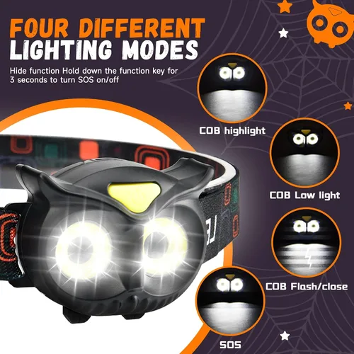 Miniatura 4 de Paquete de 2 Linternas Frontales LED, Linterna Frontal de Búho para Niños Liviana, Lámpara Frontal COB, 4 Modos de Linternas Frontales con Batería