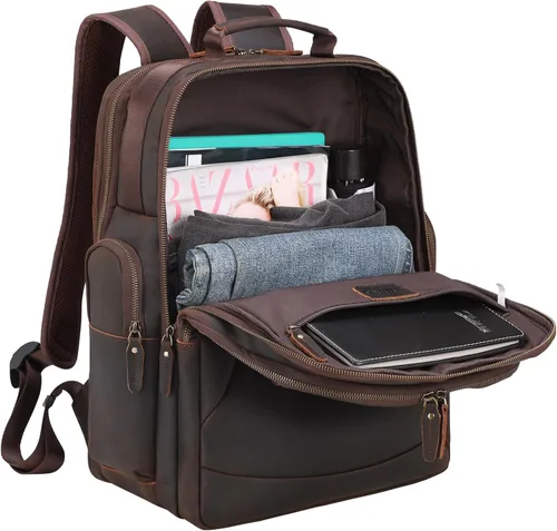 Miniatura 7 de TIDING Mochila para portátil de cuero de grano completo de 17.3 pulgadas para hombre, mochila de viaje de gran capacidad, para viajes, fin de Marrón