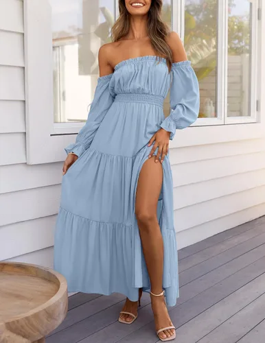 Miniatura 152 de ZESICA - Vestido largo, bohemio y sexy, con hombros descubiertos y manga larga fruncida, con elástico fruncido, cintura alta y abertura lateral