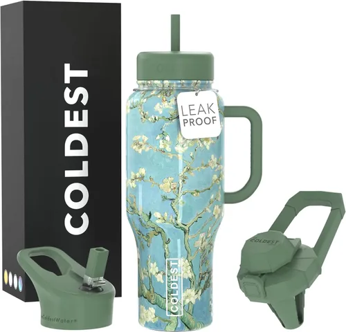 Coldest Tumbler - Vaso con pajilla 100 % a prueba de derrames con asa y popote (3 tapas), con aislamiento de acero inoxidable a prueba de fugas para