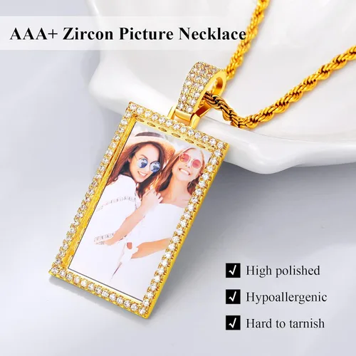 Miniatura 3 de TUHE - dije personalizado con texto o imagen personalizada de Hip Hop, chapado en oro de 18 quilates o platino AAA CZ, de Iced Out Zircon, con foto