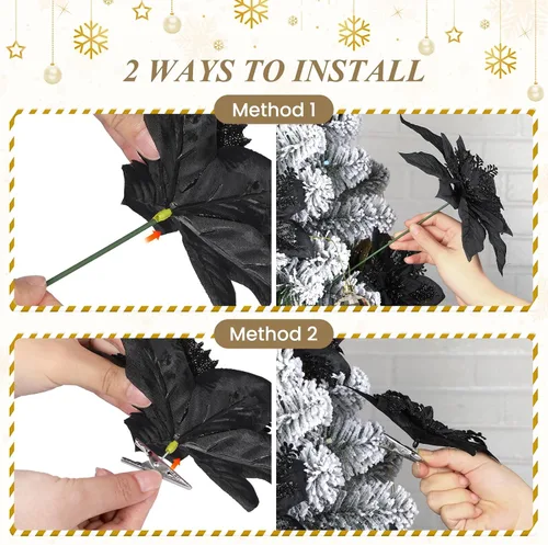 Miniatura 4 de Alupssuc 24 PCS Flores de Pascua Navideñas Negras Artificiales con Purpurina, Decoraciones Navideñas para Árbol, Corona, Chimenea, Flores de Pascua