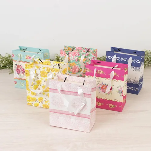Efavormart - Paquete de 12 bolsas de regalo de fiesta de té floral vintage de 6 x 7 x 3 pulgadas, bolsas de papel con asas de cinta para recuerdos