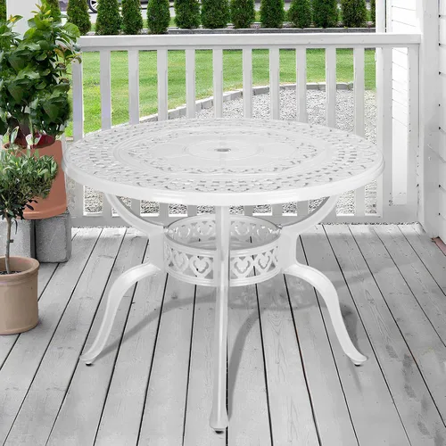 Miniatura 8 de Mesa de comedor al aire libre de 30.5 pulgadas, cuadrada, para patio, mesa de bistró, de aluminio fundido de bronce, mesa grande rústica con agujero