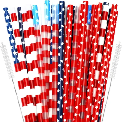 Miniatura 10 de JANYUN 40 piezas de pajitas reutilizables sin BPA de 9" con impresión colorida, pajitas de plástico duro con rayas para tarro de masón, vaso, uso