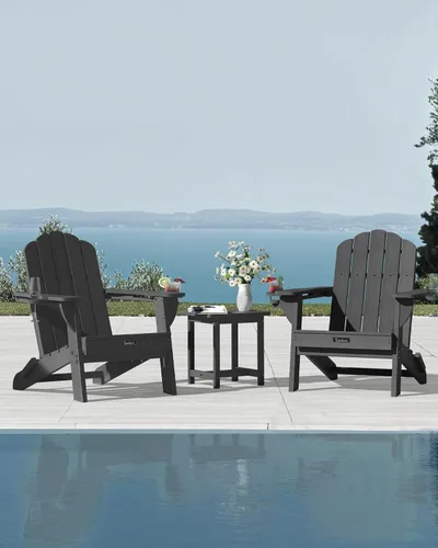 Miniatura 2 de Silla Adirondack plegable, silla Adirondack de HDPE con 2 soportes para tazas, sillas para fogatas al aire libre de fácil montaje para patio, Negro