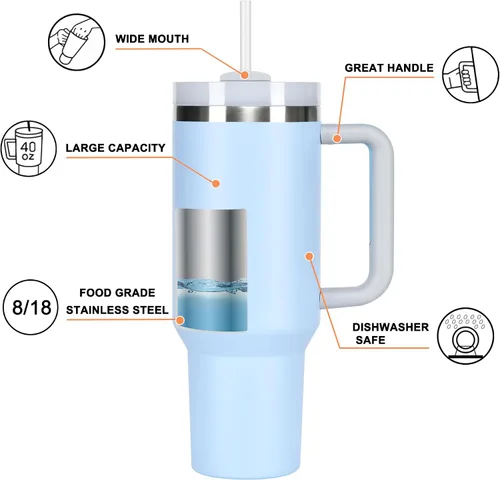 Miniatura 3 de Vaso de 40 onzas con asa, popote, tapa, botella de agua de acero inoxidable aislada al vacío, taza de viaje de aventura para café helado, té