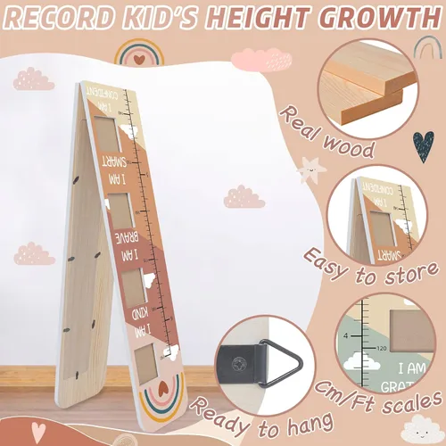 Miniatura 4 de Tabla de crecimiento inspiradora de madera maciza para niños con ventanas de fotos, tabla de altura motivacional para niños, tabla de pared plegable