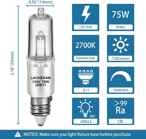Miniatura 2 de JDE11 - Bombilla halógena E11 de 120 V, 75 W, E11, base de mini candelabro regulable T4 (bombilla LED E11 de reemplazo), 2700 K blanco cálido
