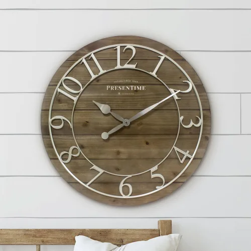 Miniatura 6 de Presentime & Co - Reloj vintage de granja Shiplap de 19.5 pulgadas, números arábigos plateados con estilo Shiplap de madera de pino desgastado.
