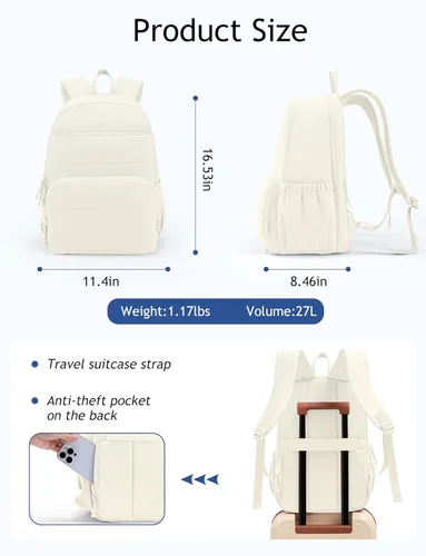 Miniatura 4 de Mochila de viaje Uselike para mujeres, mochila para portátil de 15.6 pulgadas, mochila universitaria acolchada, mochilas de trabajo bonitas, Beige