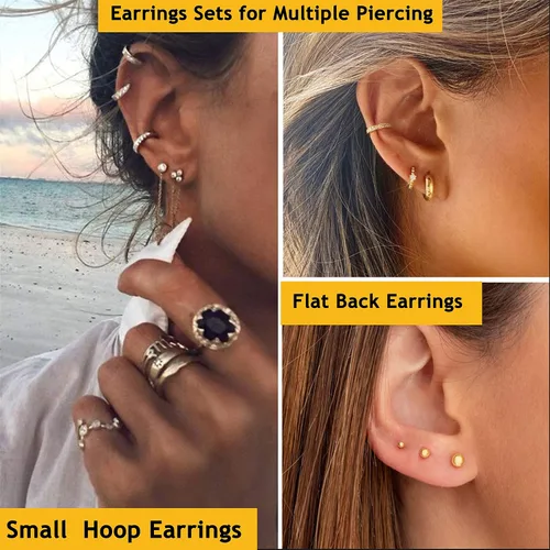 Miniatura 2 de LOYALLOOK Aretes tipo dormilona de acero quirúrgico con circonita cúbica para mujeres y hombres, chapados en oro de 14 quilates, aretes pequeños