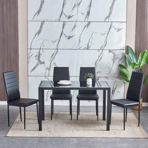Miniatura 2 de Juego de 5 sillas de mesa de comedor, mesa de comedor rectangular de cristal negro y 4 sillas de comedor de piel sintética negra, juego de comedor