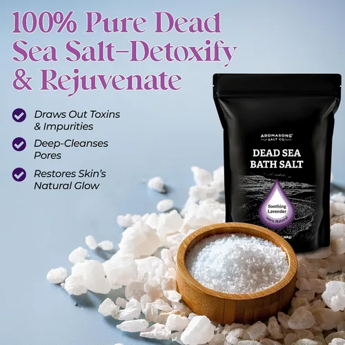 Miniatura 2 de Aromasong Sal pura del mar muerto para remojar con lavanda 100 % natural, 14 onzas, sal de baño de spa de grano fino, exfoliante de lavado corporal