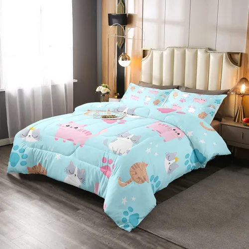 Miniatura 83 de Erosebridal Juego de ropa de cama para niños, tamaño individual, diseño de gatos de dibujos animados, para niñas, niños y adolescentes, edredón