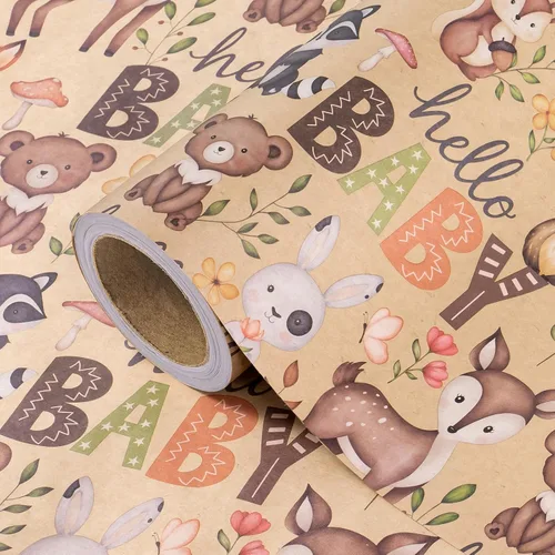 Miniatura 20 de WRAPAHOLIC Rollo de papel de regalo Kraft Animal - Mini Rollo - 17 pulgadas x 16.5 pies - Diseño de mono, elefante y dinosaurio lindos, perfecto