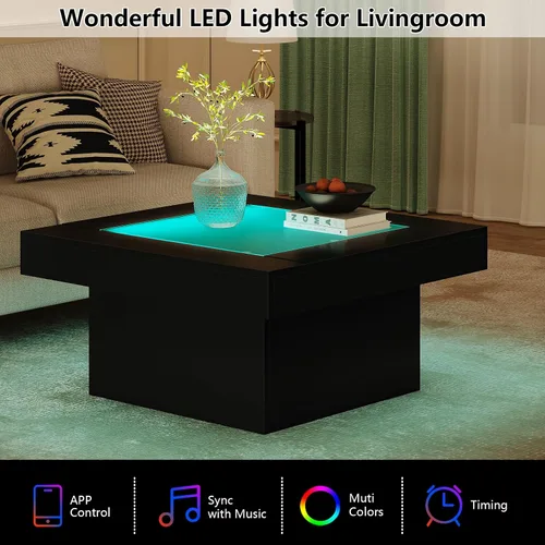 Miniatura 3 de Mesa de centro cuadrada con luces LED, mesas de centro de 35.4 pulgadas para sala de estar, mesa de centro de cristal templado, mesa central moderna