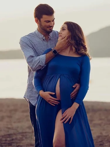 Miniatura 5 de YnimioAOX Vestido de maternidad para mujer con hombros descubiertos de manga larga para fotografía, vestido de gasa para maternidad para sesión