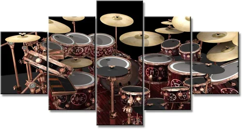 Miniatura 51 de Arte de pared en blanco y negro, kit de batería de jazz morado sobre fondo negro, pinturas de 5 paneles, lienzo, arte de pared para decoración