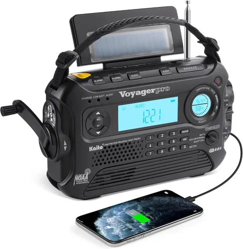Kaito Voyager Pro KA600 Dínamo digital solar, a cuerda. Radio con palanca de dínamo frecuencias AM/FM/LW/SW y NOAA, para emergencias, con linterna,