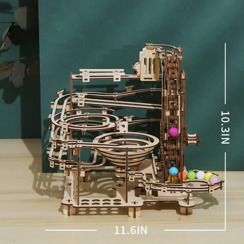 Miniatura 6 de Kit de carrera de mármol de madera, rompecabezas 3D, bolas de colores de madera, polipasto escalonado con mecanismo de elevación de 3 escalones