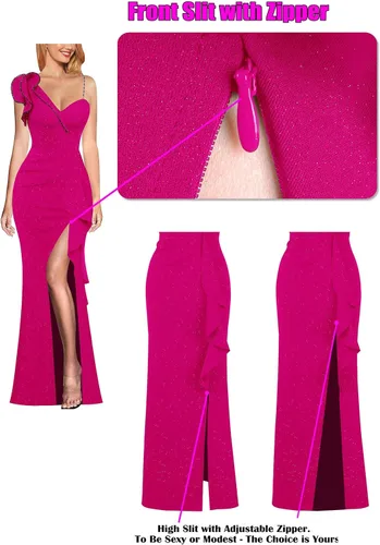 Miniatura 6 de VFSHOW Vestido largo de fiesta formal con volantes y tirantes para el hombro, para mujer, vestido largo sexy con cuello en V dividido para cóctel