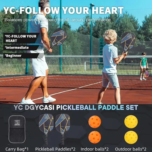 Miniatura 5 de YC DGYCASI Pickleball Paddles Set of 2, USAPA Approved Carbon Fiber Pickleball Set, Lightweight Pickle Ball Rackets 2 Pack, 2 Outdoor Pickleball, 2