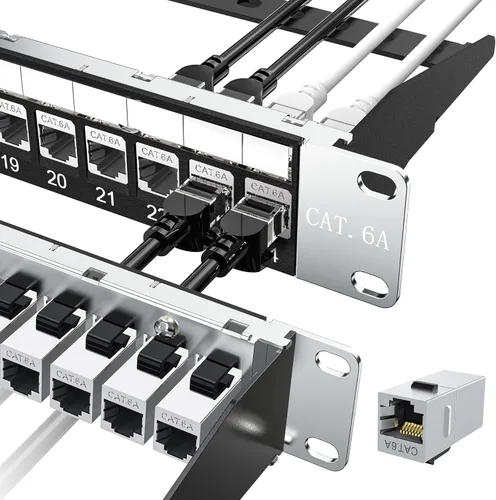 Jadaol [Listado UL] Panel de Conexiones Cat6A Blindado de 24 Puertos, Panel RJ45 de Paso de 19" 1U para Montaje en Rack/Montaje en Pared con 24