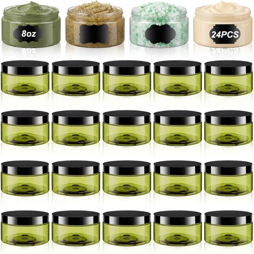 Miniatura 50 de Dandat 24 piezas 8 oz botes de plástico con tapa y etiqueta. Recipientes de muestra de cosméticos redondos ámbar PET recargables y vacíos para Ámbar