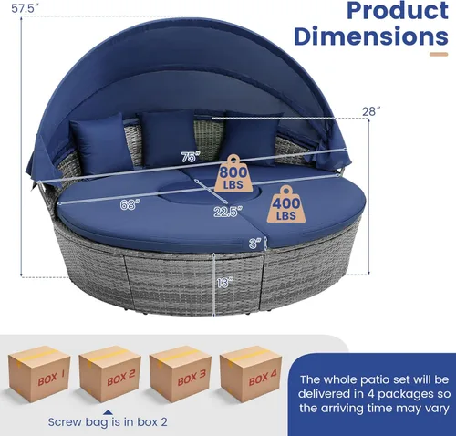 Miniatura 9 de HAPPYGRILL Sofá cama al aire libre con toldo, sofá modular de mimbre de ratán con mesa auxiliar, cojines, juego de conversación de patio para Gris