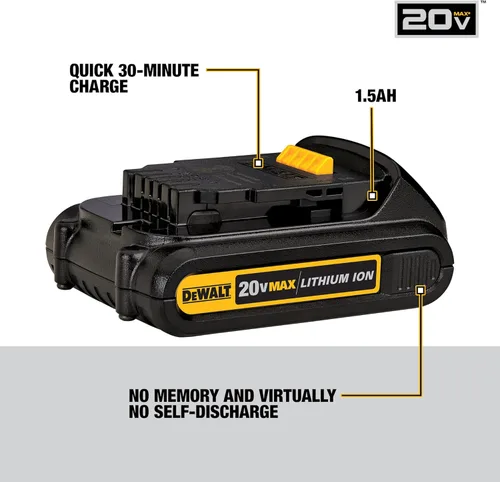 Miniatura 4 de DEWALT Kit combinado de taladro inalámbrico máximo de 20 V, 2 herramientas con batería compacta de iones de litio de 1.5 Ah 20V (DCK240C2 y DCB201)