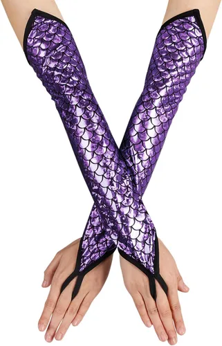 Miniatura 6 de color cosplayer Mermaid Gloves Fish Scales Arm Sleeves Sequin Gloves Fish Scale Fingerless Gloves with Fins