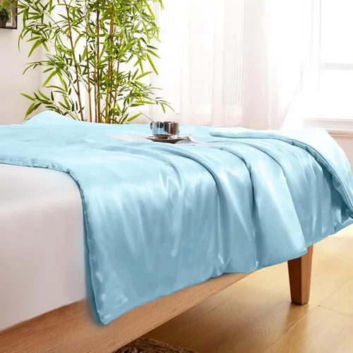 Miniatura 7 de Vonty Manta de Satén, Manta de Satén Azul Bebé de 50x60 Pulgadas, Refrescante y Sedosa, Sin Arrugas de Punto Trenzado para Sofá, Sofá, Cama