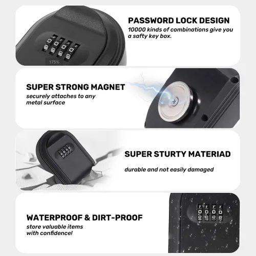 Miniatura 5 de Llavero magnético con cerradura de combinación, caja de llaves magnética impermeable para uso en exteriores, automóvil e interior, imán fuerte negro