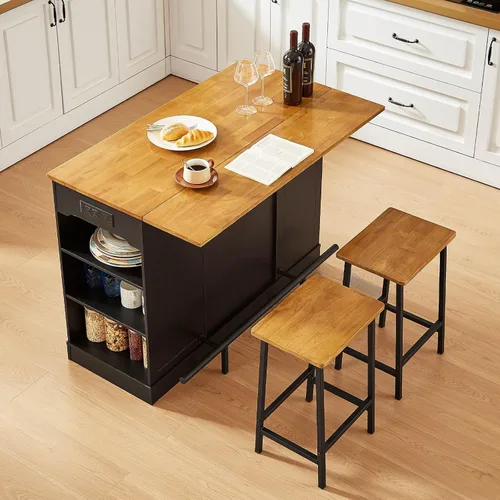Miniatura 3 de ONBRILL Las islas de cocina estacionarias incluyen 2 sillas, isla de cocina de 47 pulgadas con hoja caída, mesa de bar para el hogar con estante