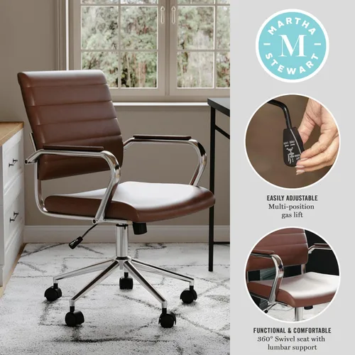 Miniatura 4 de Martha Stewart Piper - Silla giratoria con reposabrazos para oficina en casa en piel sintética marrón con marco de níquel pulido