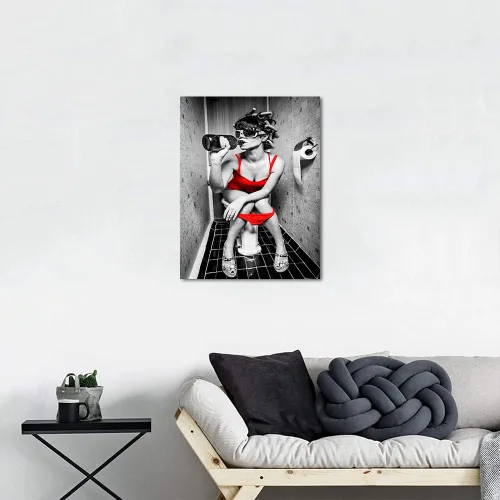 Miniatura 3 de Arte de pared moderno en blanco y negro sexy dama pintura mujer genial arte corporal sexy chica desnuda bebida vino tinto sentado en el inodoro