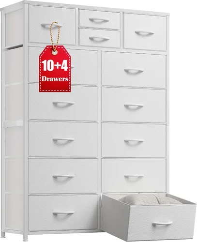 EnHomee Cómodas blancas para dormitorio con 14 cajones de almacenamiento, cómodas y organizador de cajones de almacenamiento, marco de metal Blanco