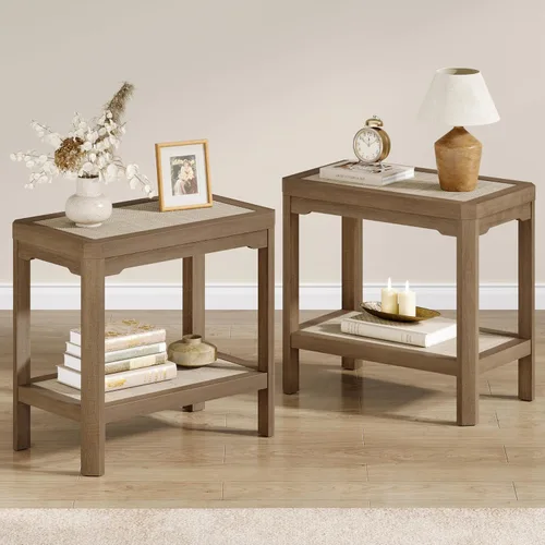 Miniatura 13 de Eclatara Mesitas de noche de ratán, mesa auxiliar de 2 niveles para dormitorio, mesa auxiliar de polígono decorativa para espacios pequeños, mesa