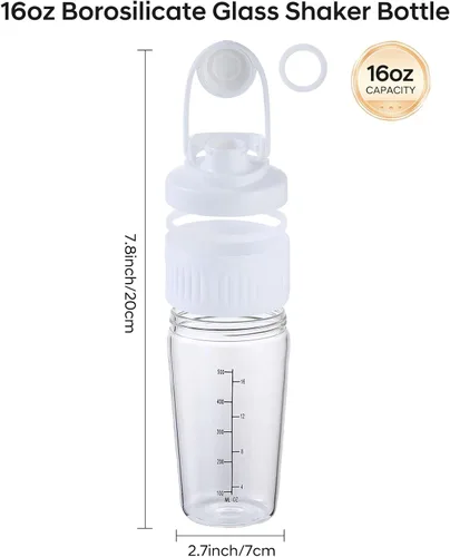 Miniatura 3 de Botella pequeña agitadora de vidrio de 16 onzas, paquete de 2 unidades de vidrio de borosilicato proteína en polvo para entrenamiento de gimnasio