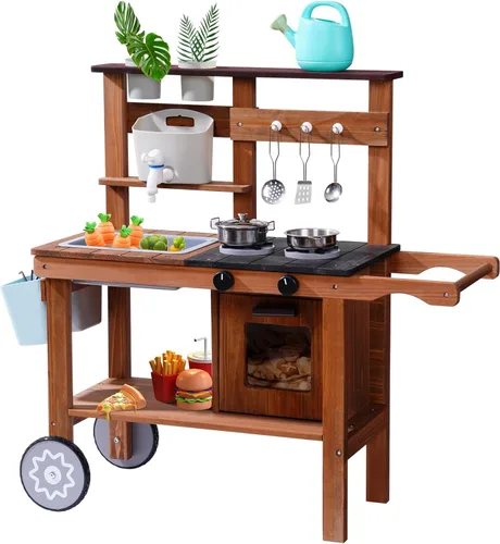ROBUD Mud Kitchen for Kids Outdoor with Wheels, Wooden Outdoor Play Kitchen, Kids Mud Kitchen with Removable Sink & Faucet, Monteeori Toys for