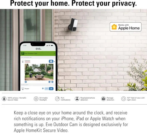 Miniatura 2 de Eve Cámara exterior – Cámara de reflector segura, máxima seguridad y privacidad (HomeKit Secure Video), 1080p, visión nocturna, Wi-Fi (2.4 GHz)