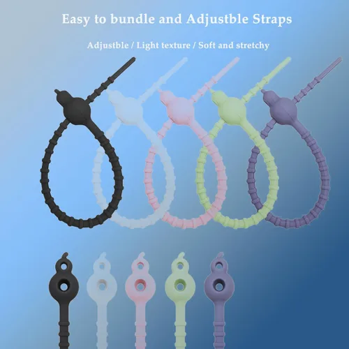 Miniatura 3 de Paquete de 10 bridas de silicona reutilizables, organizador de cordón elástico para agrupar y sujetar cables de cables
