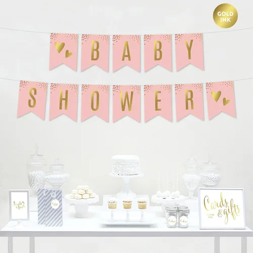 Miniatura 2 de Andaz Press Blush Rosa y Metallic Gold Confeti Lunares Baby Shower Party Collection Banderín colgante con cuerda, Baby Shower, 5 pies, 1 juego
