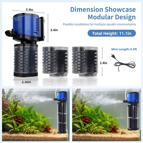 Miniatura 6 de TARARIUM Filtro de Acuario 260GPH para Tanque de Peces de 30-75 Galones, Filtración Interna Sumergible Bioquímica Silenciosa Bomba Potente