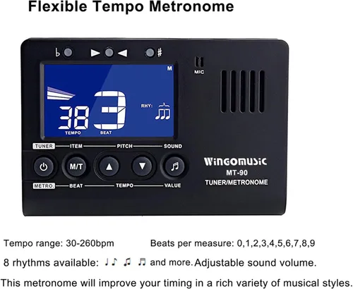 Miniatura 4 de WINGO Metrónomo Digital, Sintonizador y Generador de Tonos - Dispositivo 3 en 1 (Negro) - para Cromático, Guitarra, Bajo, Ukelele, Violín - Batería