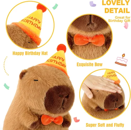 Miniatura 4 de Ditucu Lindo Peluche de Capibara con Sombrero de Cumpleaños Feliz y Lazo, Animal de Peluche Suave, Juguetes de Peluche para Niños, Decoración