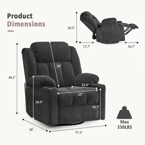 Miniatura 2 de Ketaiyou Rocker - Silla reclinable giratoria para adultos, deslizador reclinable manual grande con masaje y calor, cómoda y suave tela para sala