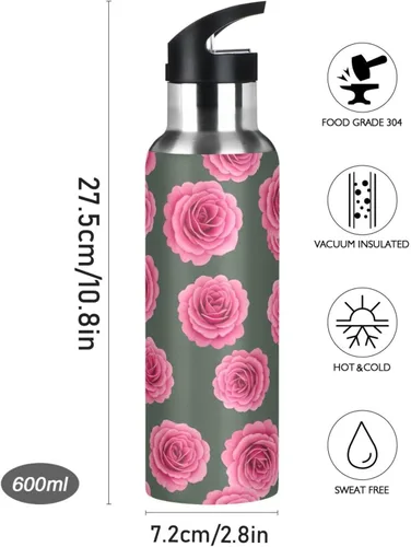 Miniatura 9 de Vibrant Pink Roses Stainless Steel Vacuum Insulated Water Bottle 20 Oz Leakproof Water Bottles, BPA-Free Sport Water Bottle